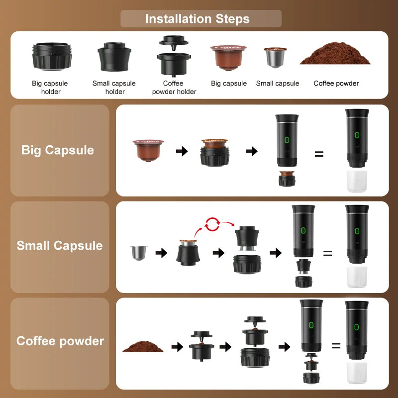 Cafetera expreso Portátil Inalámbrica y Eléctrica con cápsulas en polvo 3 en 1