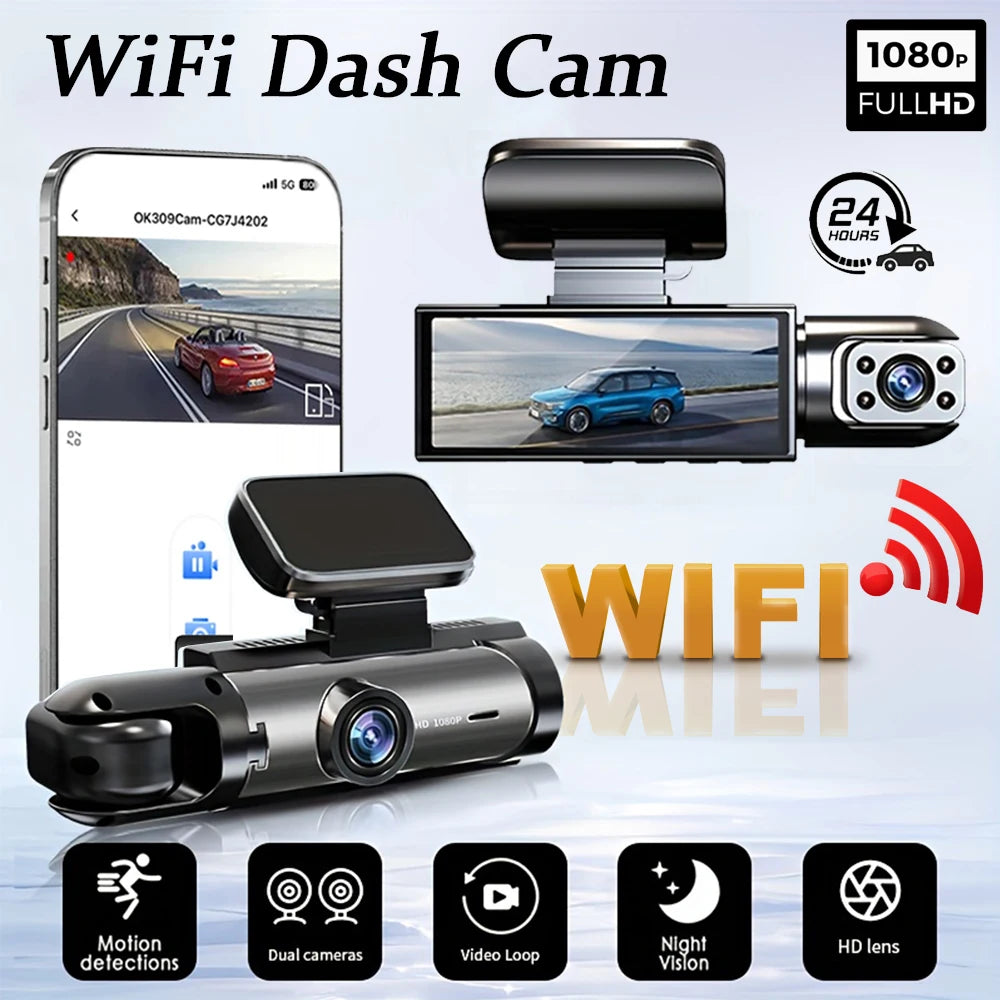 Cámara de Tablero con doble cámara WIFI 1080P para automóviles Frontal e Interior