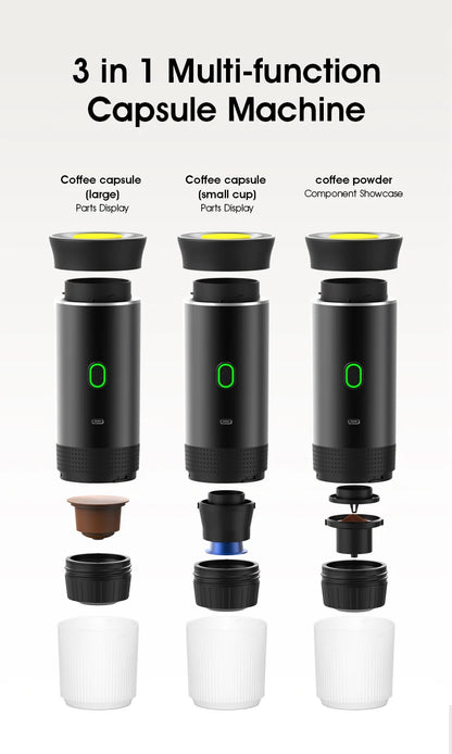 Cafetera expreso Portátil Inalámbrica y Eléctrica con cápsulas en polvo 3 en 1